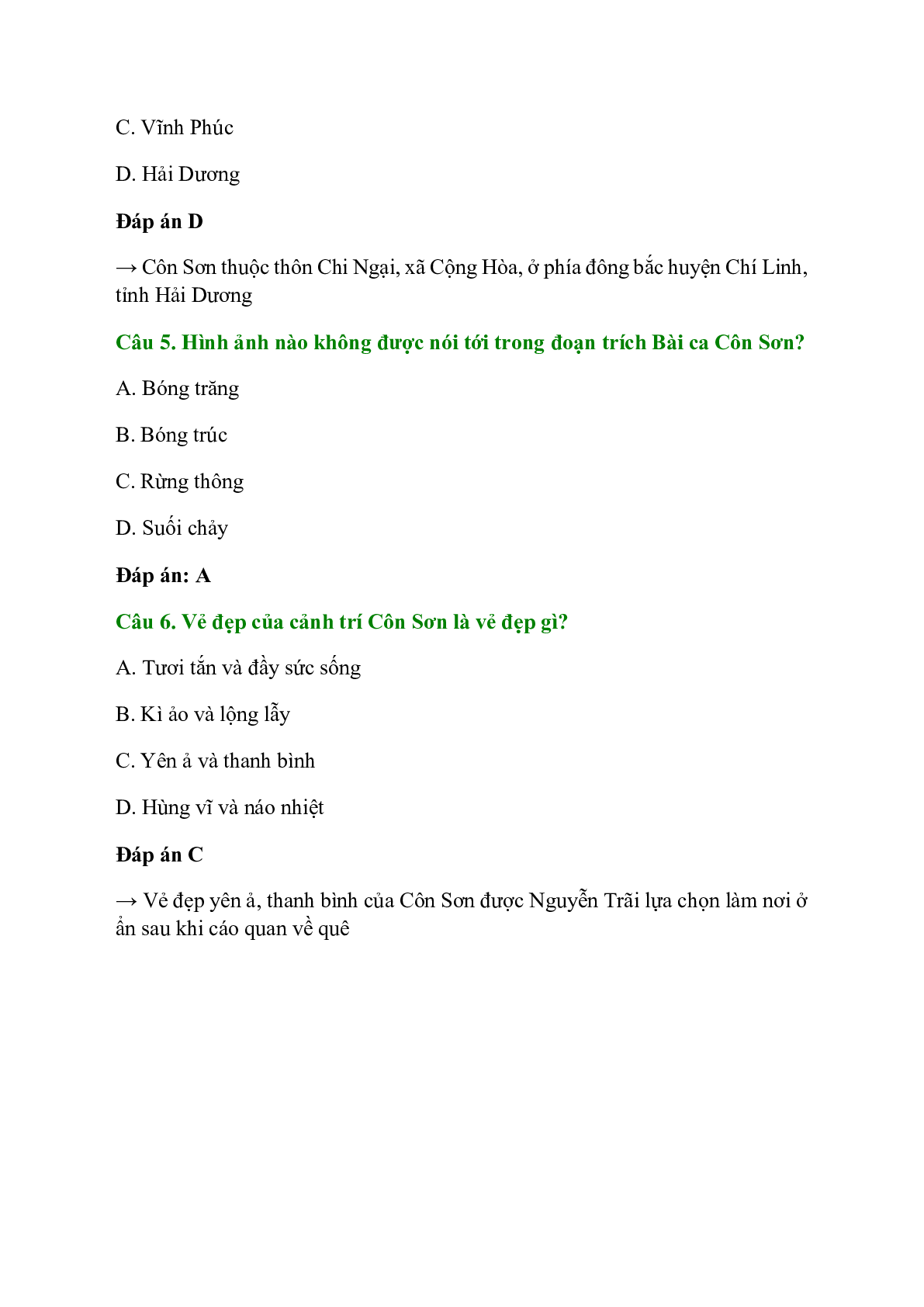 Trắc nghiệm Bài ca Côn Sơn có đáp án – Ngữ văn lớp 7 (trang 2)