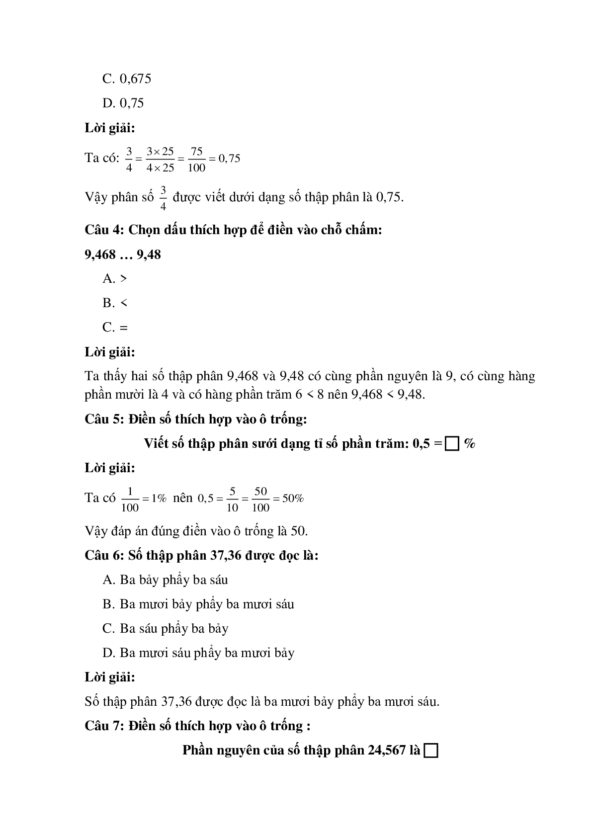 14 câu Trắc nghiệm Ôn tập về số thập phân có đáp án 2023 – Toán lớp 5 (trang 2)