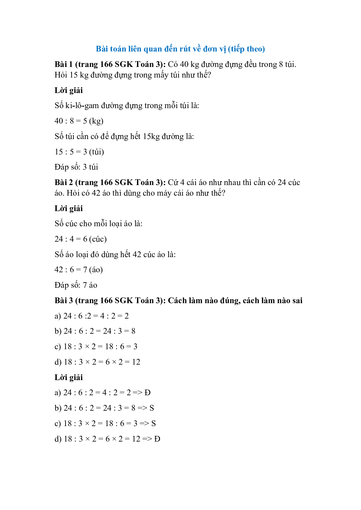 Toán lớp 3 trang 166 Bài toán liên quan đến rút về đơn vị (tiếp theo) (trang 1)