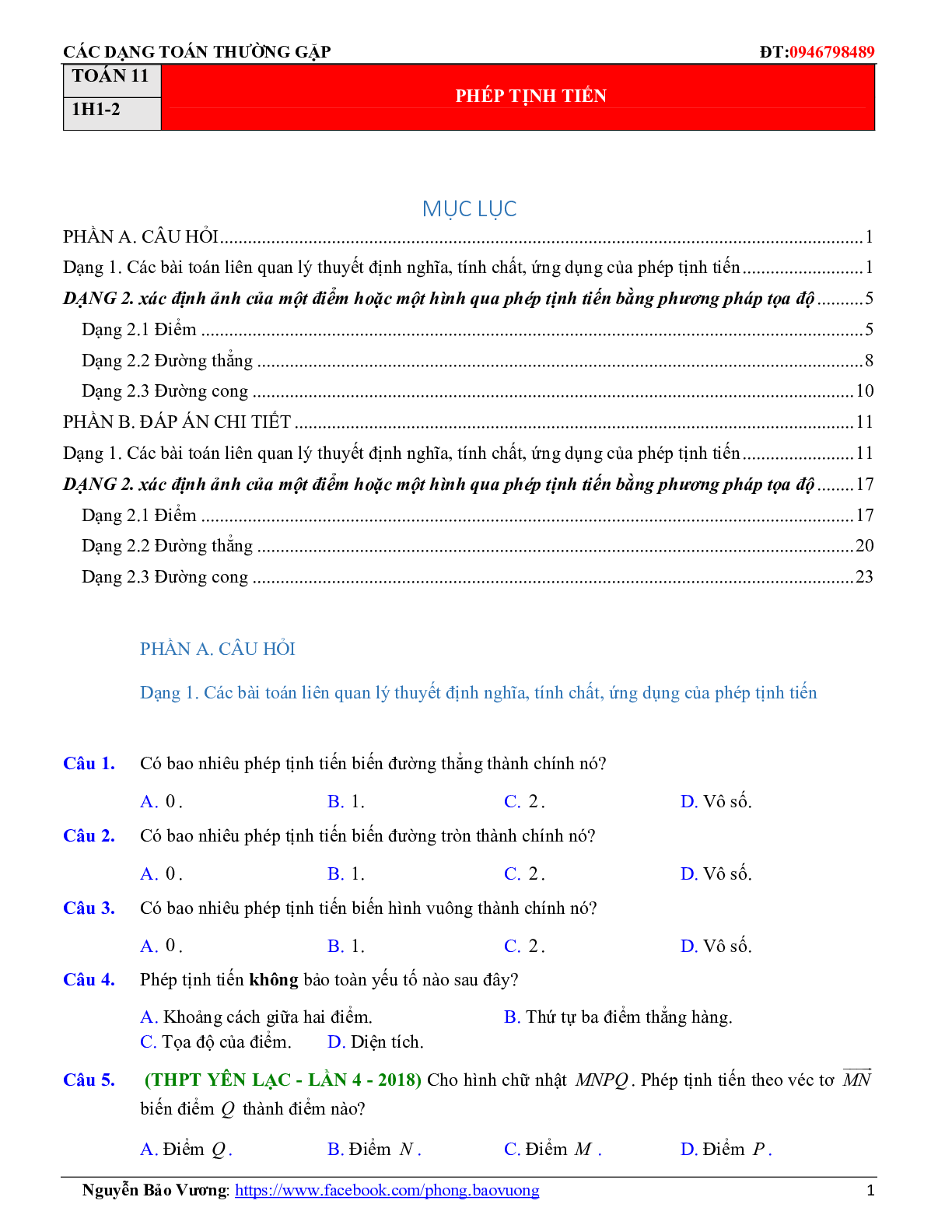 Các dạng toán phép dời hình và phép đồng dạng trong mặt phẳng (trang 1)