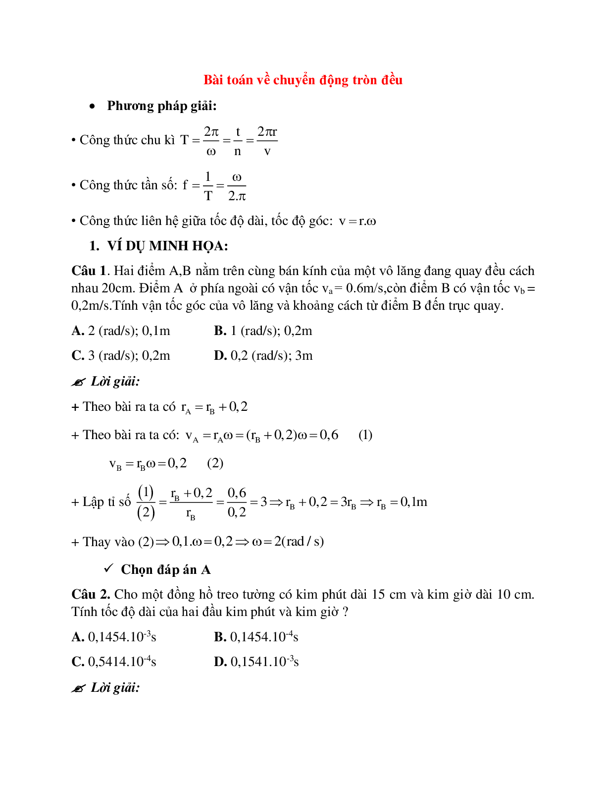 Phương pháp giải và bài tập về Bài toán về chuyển động tròn đều có đáp án (trang 1)