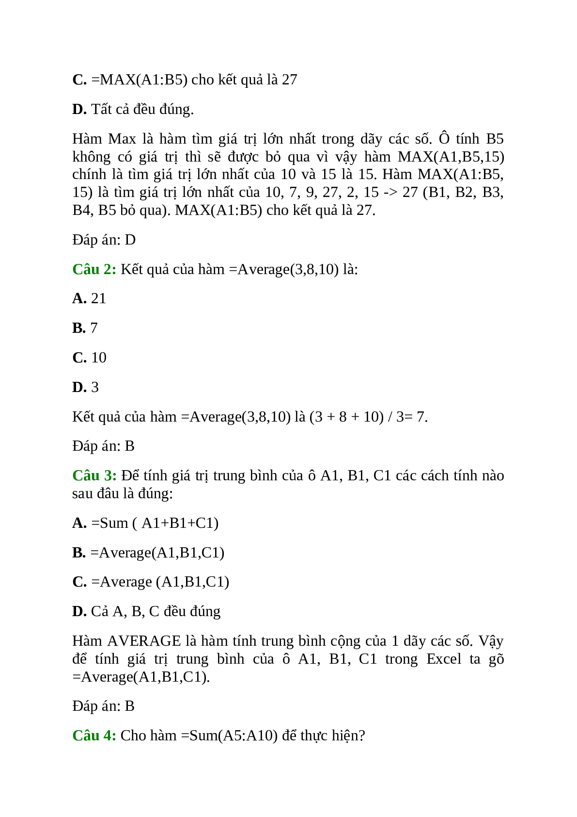 Tin học 7 Bài 4 (Lý thuyết và trắc nghiệm): Sử dụng các hàm để tính toán (trang 6)
