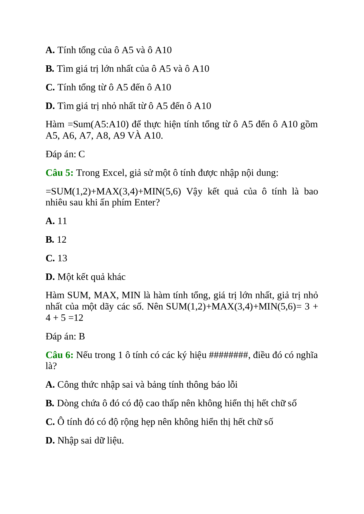 Tin học 7 Bài 4 (Lý thuyết và trắc nghiệm): Sử dụng các hàm để tính toán (trang 7)