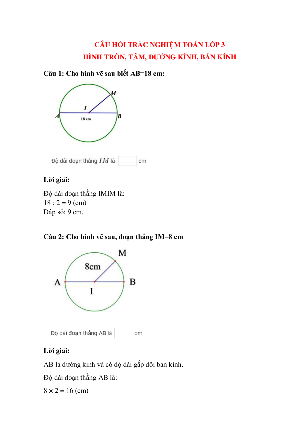 Trắc nghiệm Hình tròn, tâm, đường kính, bán kính có đáp án – Toán lớp 3 (trang 1)
