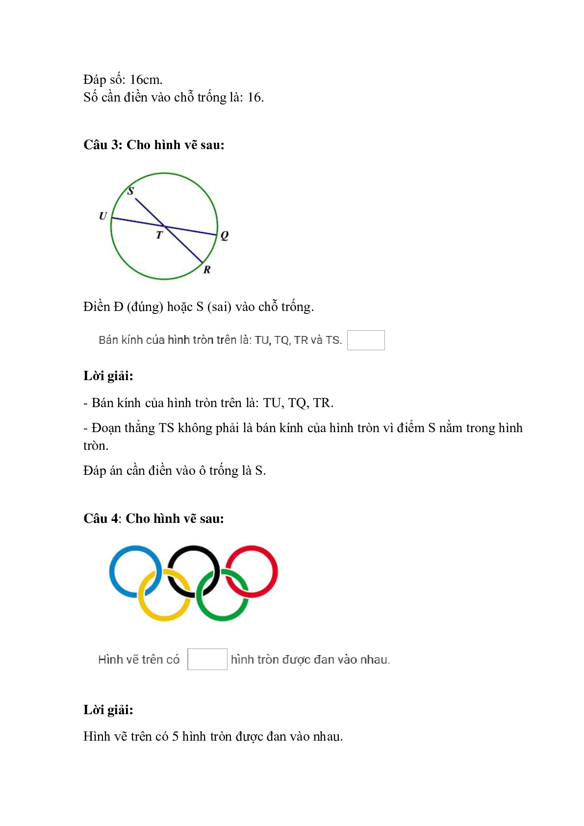 Trắc nghiệm Hình tròn, tâm, đường kính, bán kính có đáp án – Toán lớp 3 (trang 2)