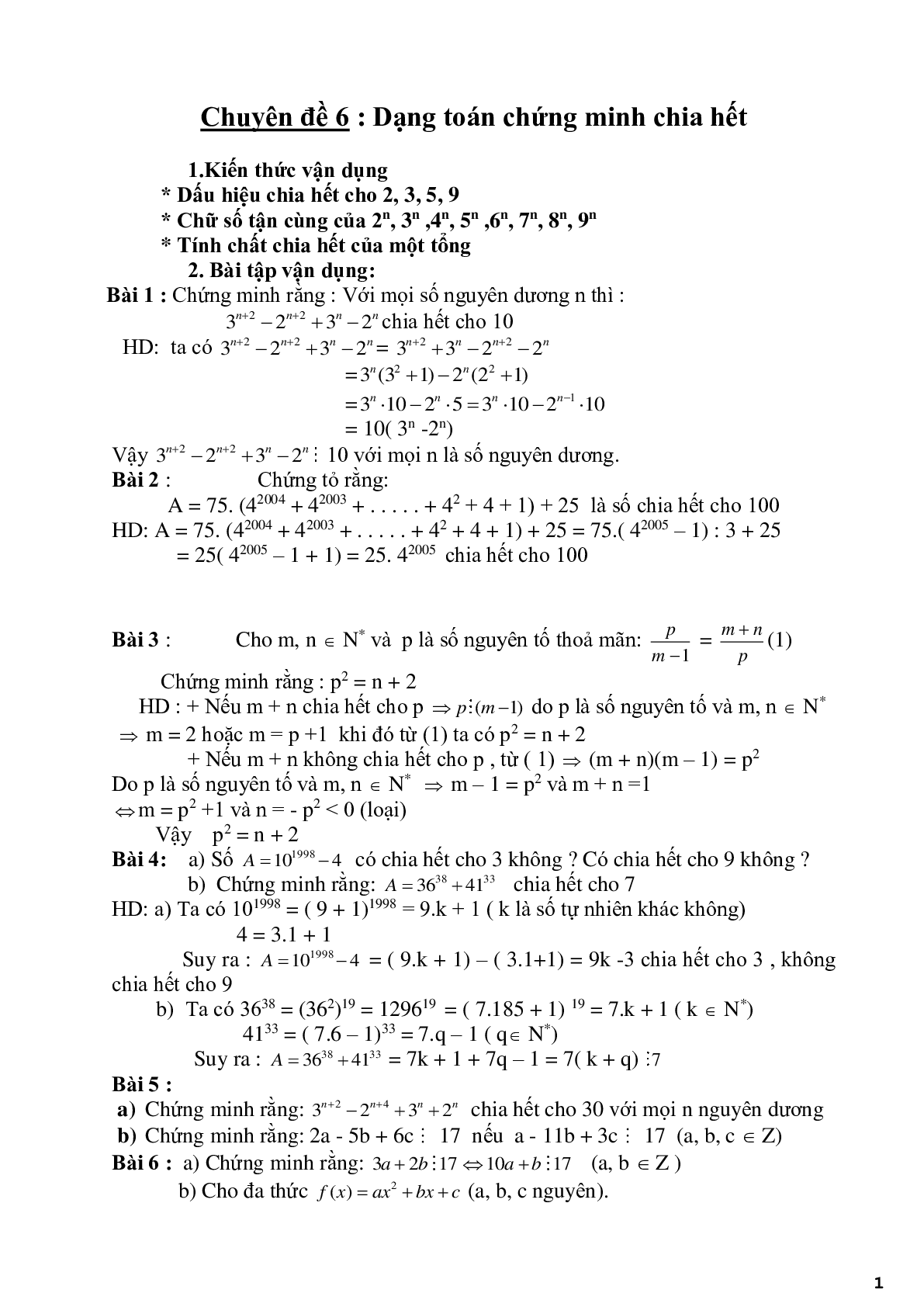 Chuyên đề 6 - Dạng toán chứng minh chia hết - có đáp án (trang 1)