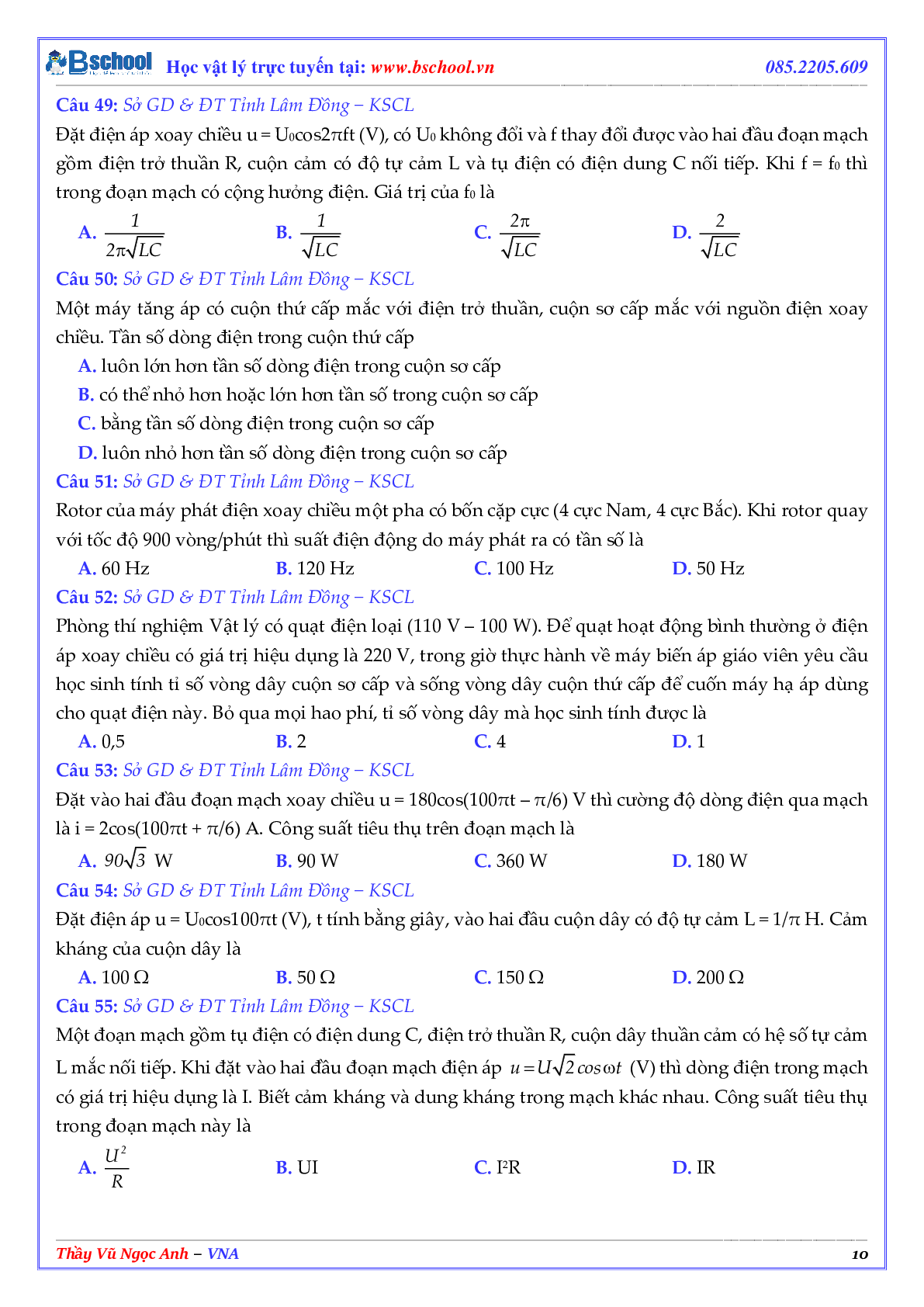Tuyển Tập Các Câu Hỏi Điện Xoay Chiều Trong Các Đề Thi THPT QG Phần 1 (trang 10)