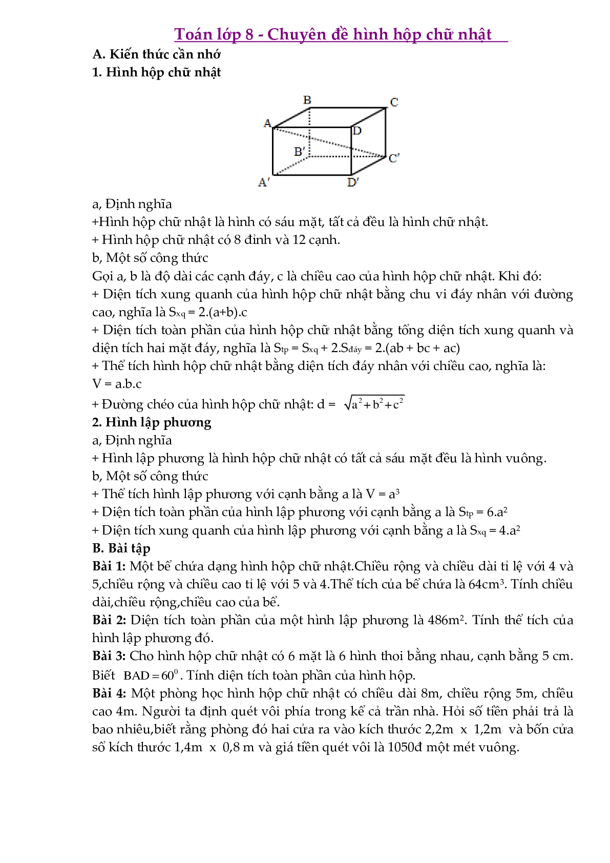 Chuyên đề Hình hộp chữ nhật môn Toán lớp 8 (trang 1)