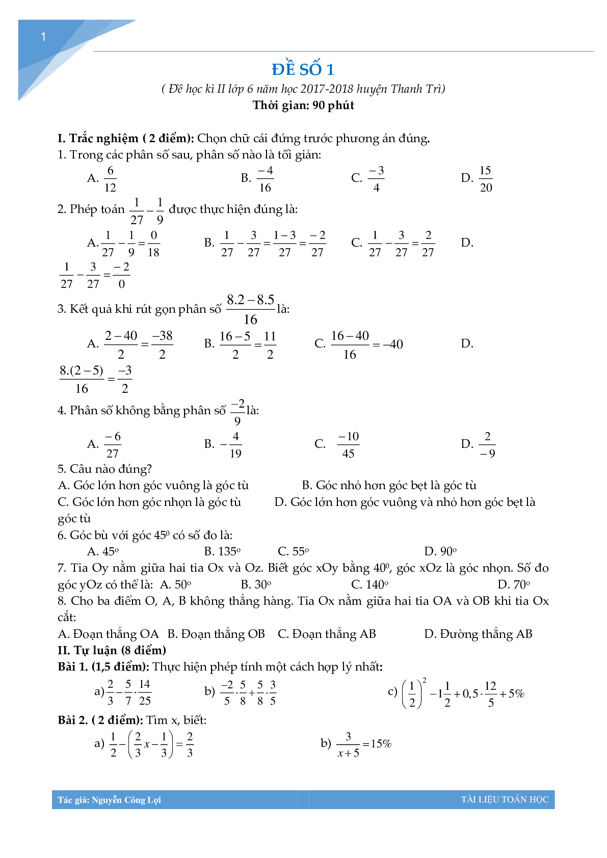 Bộ đề thi học kì 2 môn toán lớp 6 (trang 1)