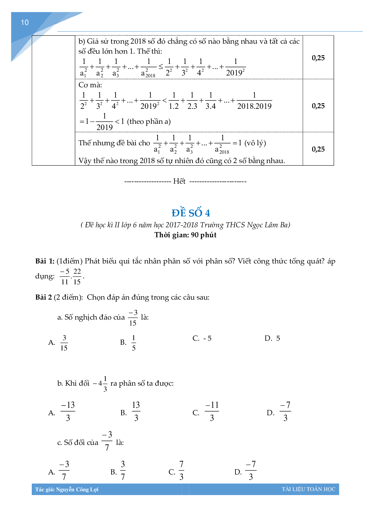 Bộ đề thi học kì 2 môn toán lớp 6 (trang 10)
