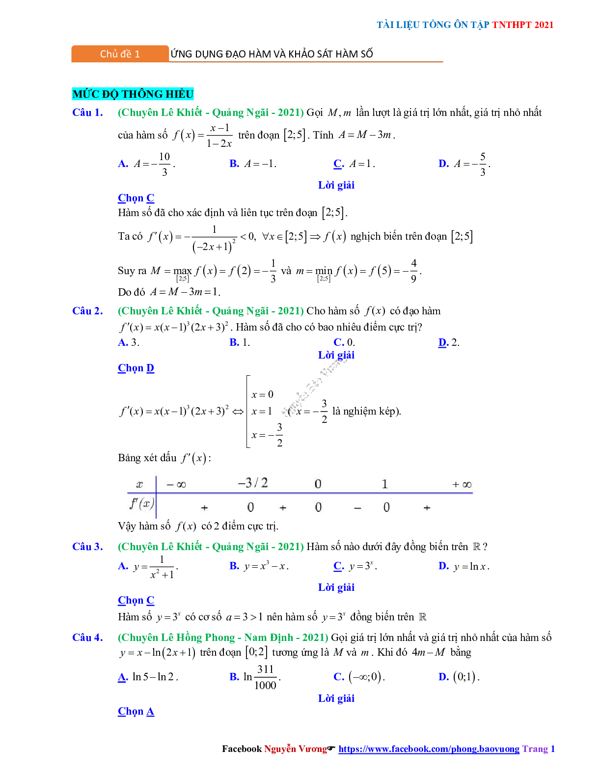Chuyên đề Khảo sát hàm số - mức độ thông hiểu có đáp án môn Toán lớp 12 (trang 1)