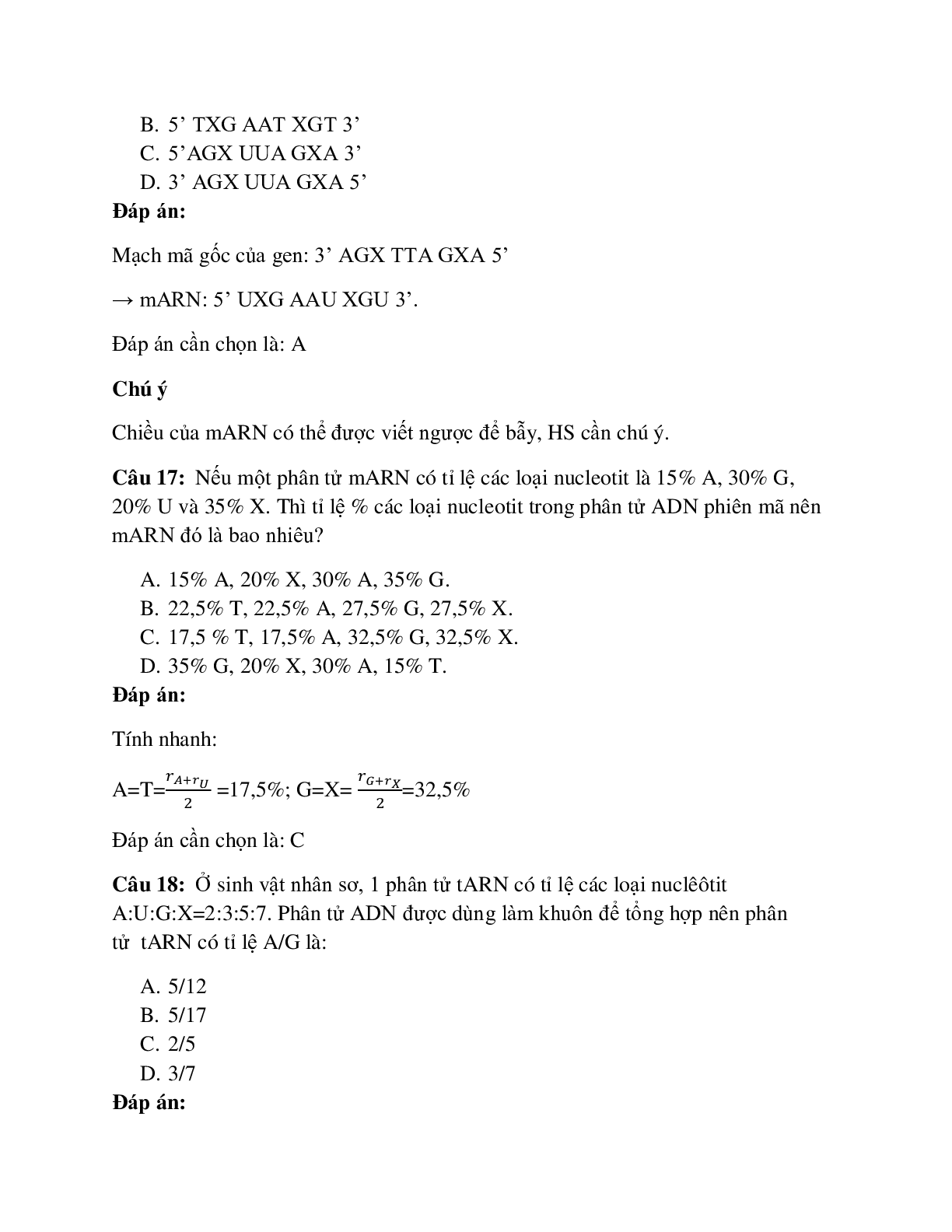 43 câu Trắc nghiệm Sinh học lớp 12 Bài 2 có đáp án 2023: Các dạng bài tập về quá trình phiên mã (trang 10)