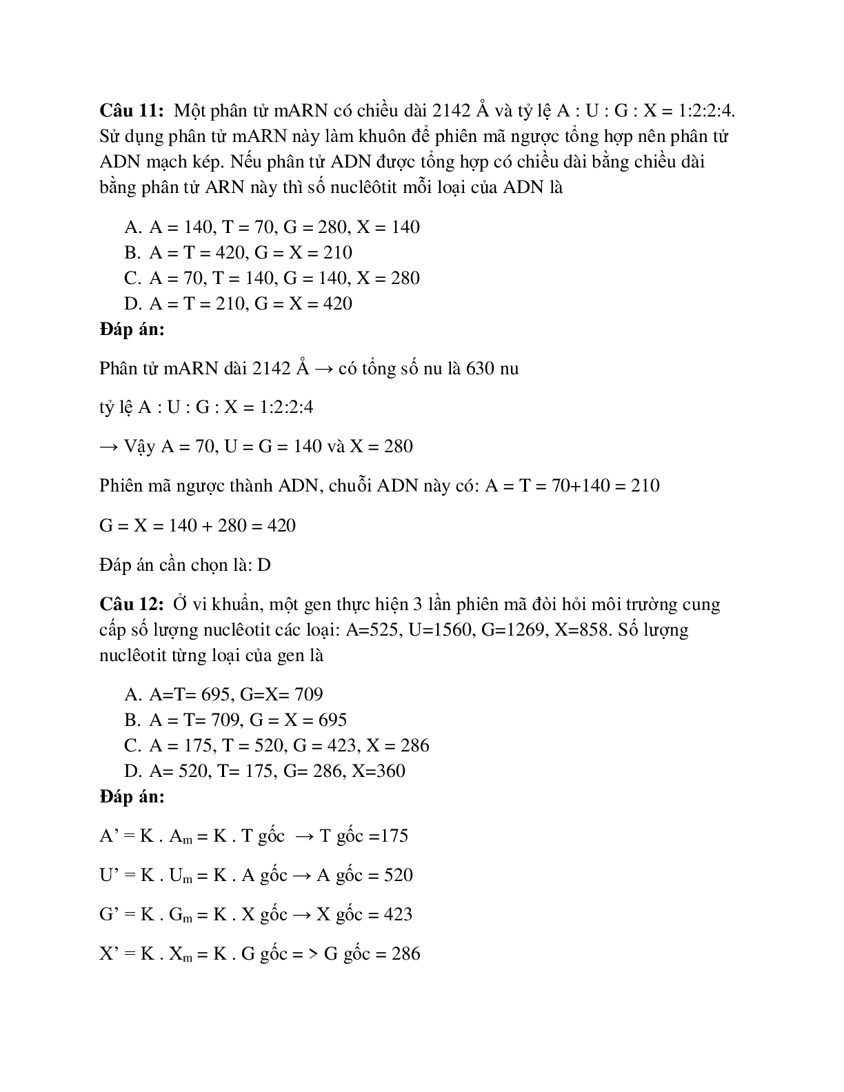 43 câu Trắc nghiệm Sinh học lớp 12 Bài 2 có đáp án 2023: Các dạng bài tập về quá trình phiên mã (trang 7)