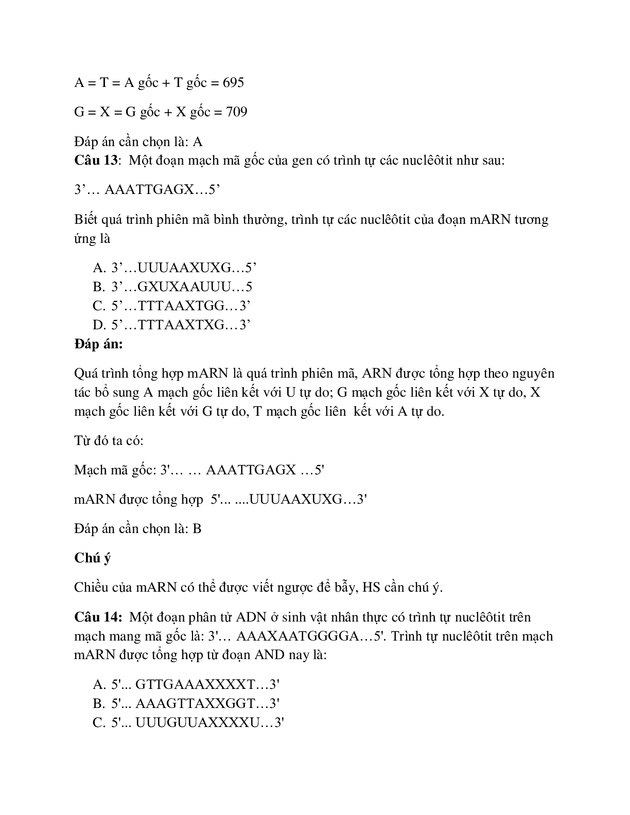 43 câu Trắc nghiệm Sinh học lớp 12 Bài 2 có đáp án 2023: Các dạng bài tập về quá trình phiên mã (trang 8)