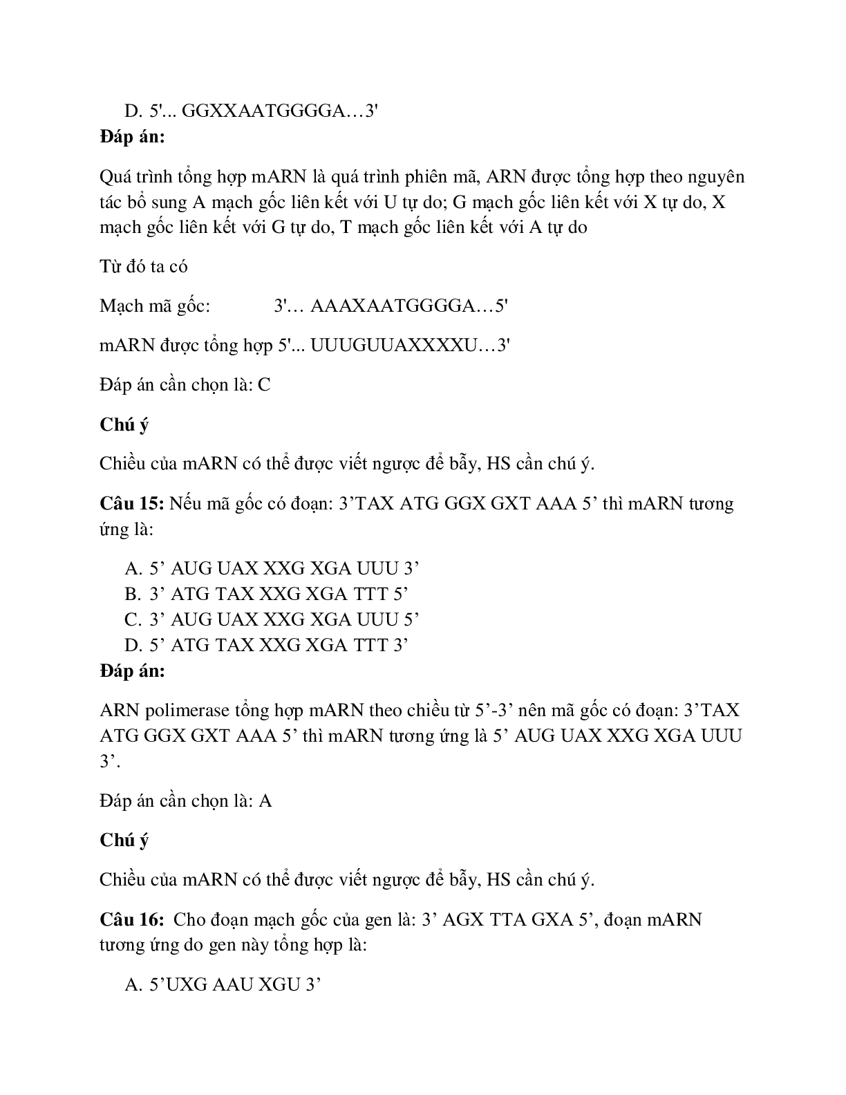 43 câu Trắc nghiệm Sinh học lớp 12 Bài 2 có đáp án 2023: Các dạng bài tập về quá trình phiên mã (trang 9)