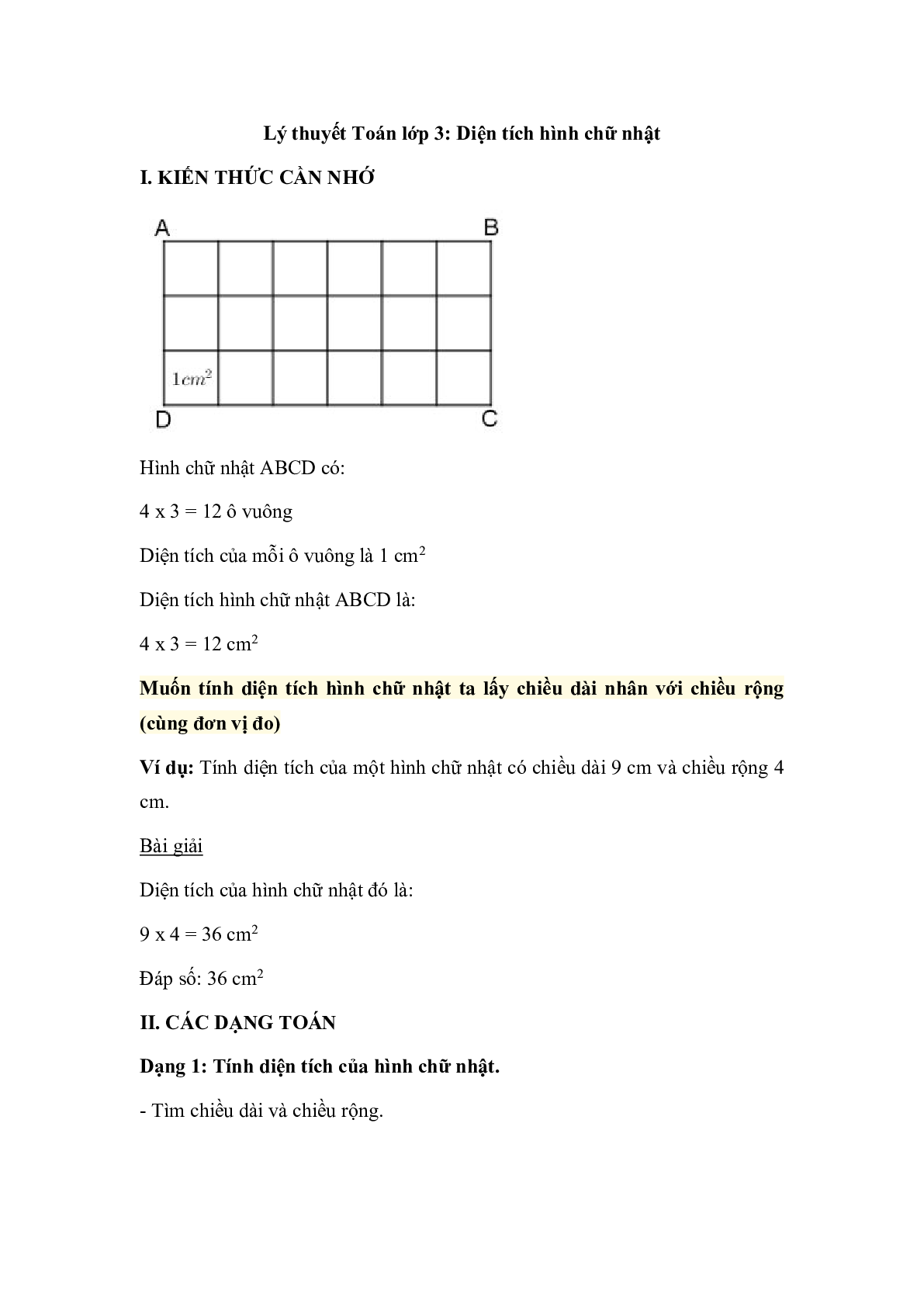 Lý thuyết Toán lớp 3: Diện tích hình chữ nhật (trang 1)