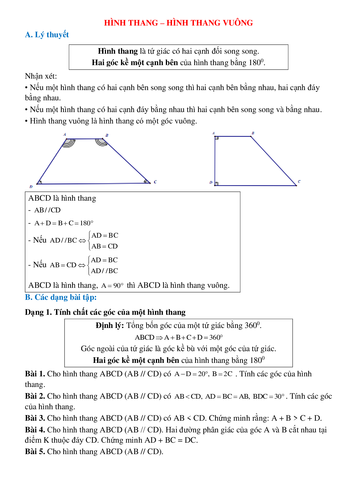 Hệ thống bài tập điển hình Hình thang - Hình thang vuông toán lớp 8 chọn lọc (trang 1)
