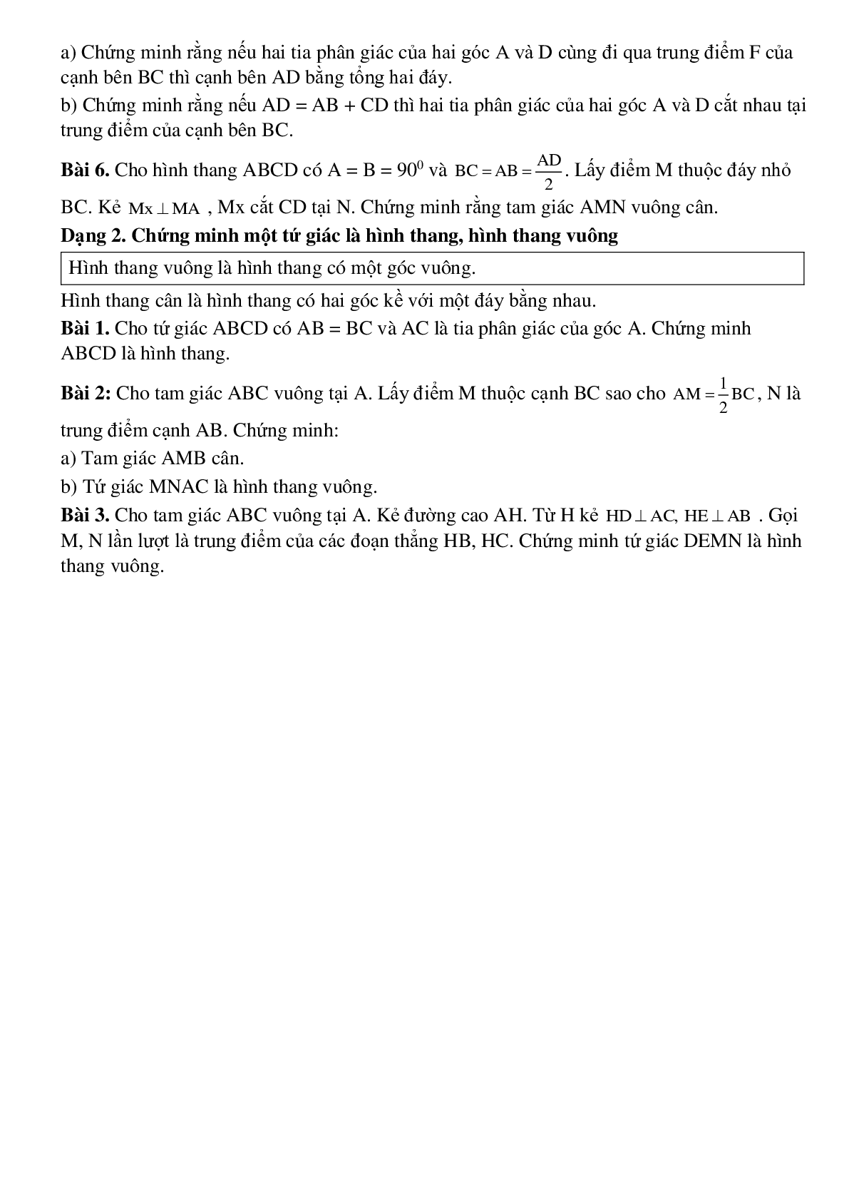 Hệ thống bài tập điển hình Hình thang - Hình thang vuông toán lớp 8 chọn lọc (trang 2)