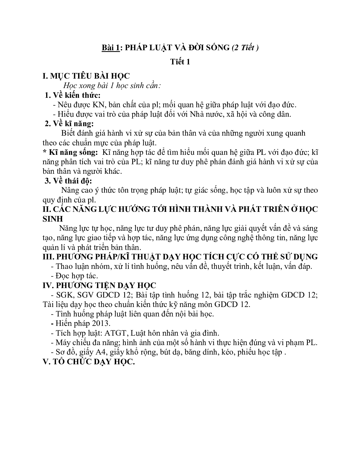 Giáo án GDCD 12 Bài 1 Pháp luật và đời sống tiết 1 mới nhất (trang 1)
