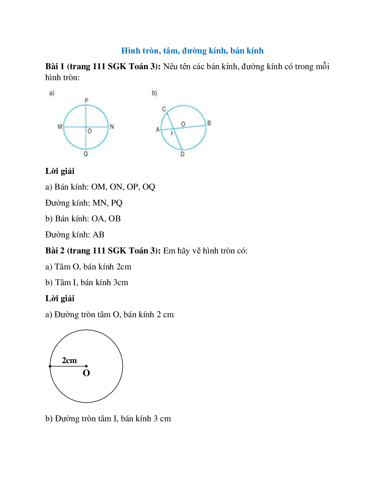 Toán lớp 3 trang 111 Hình tròn, tâm, đường kính, bán kính (trang 1)