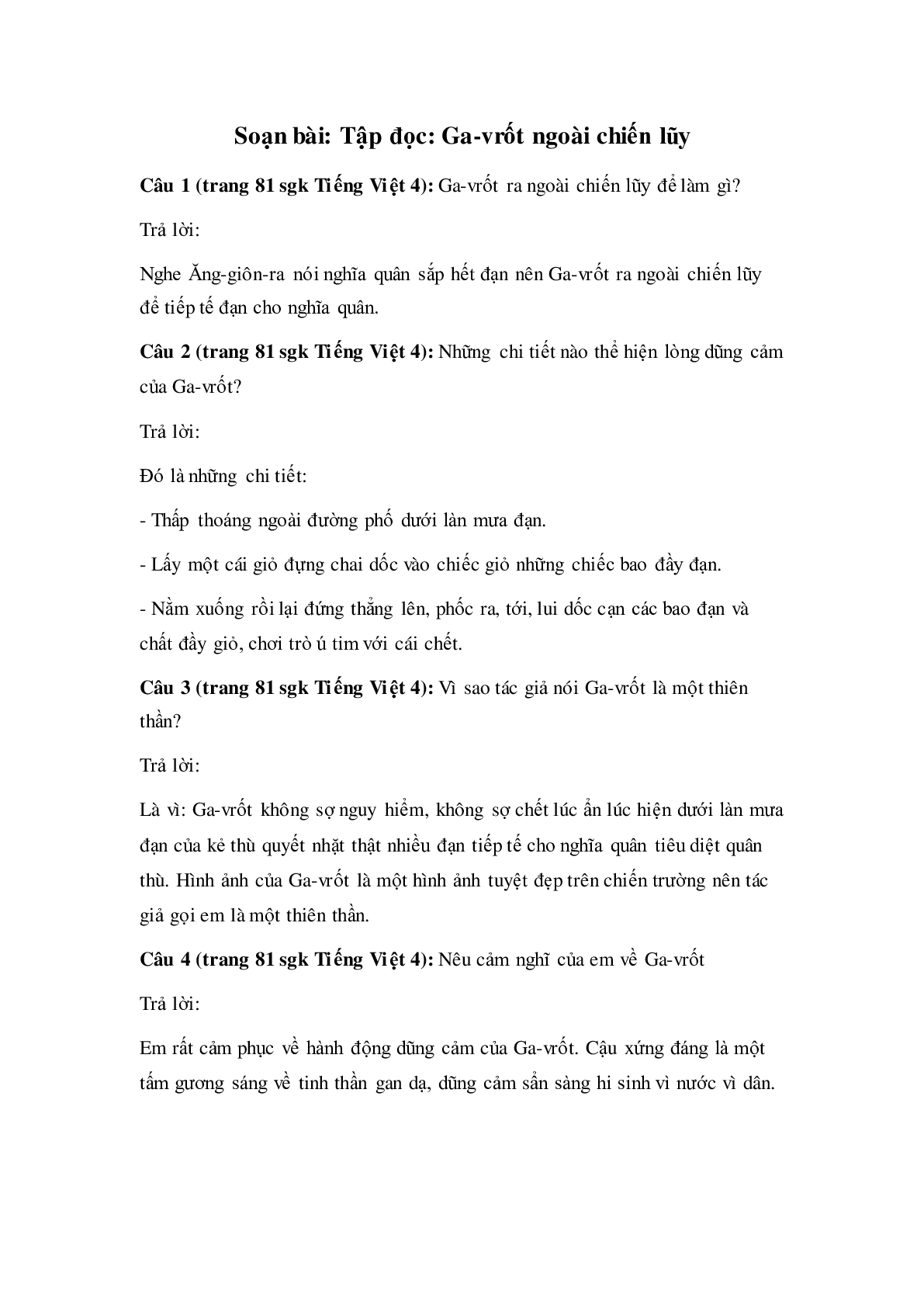 Soạn Tiếng Việt lớp 4: Tập đọc: Ga-vrốt ngoài chiến lũy mới nhất (trang 1)