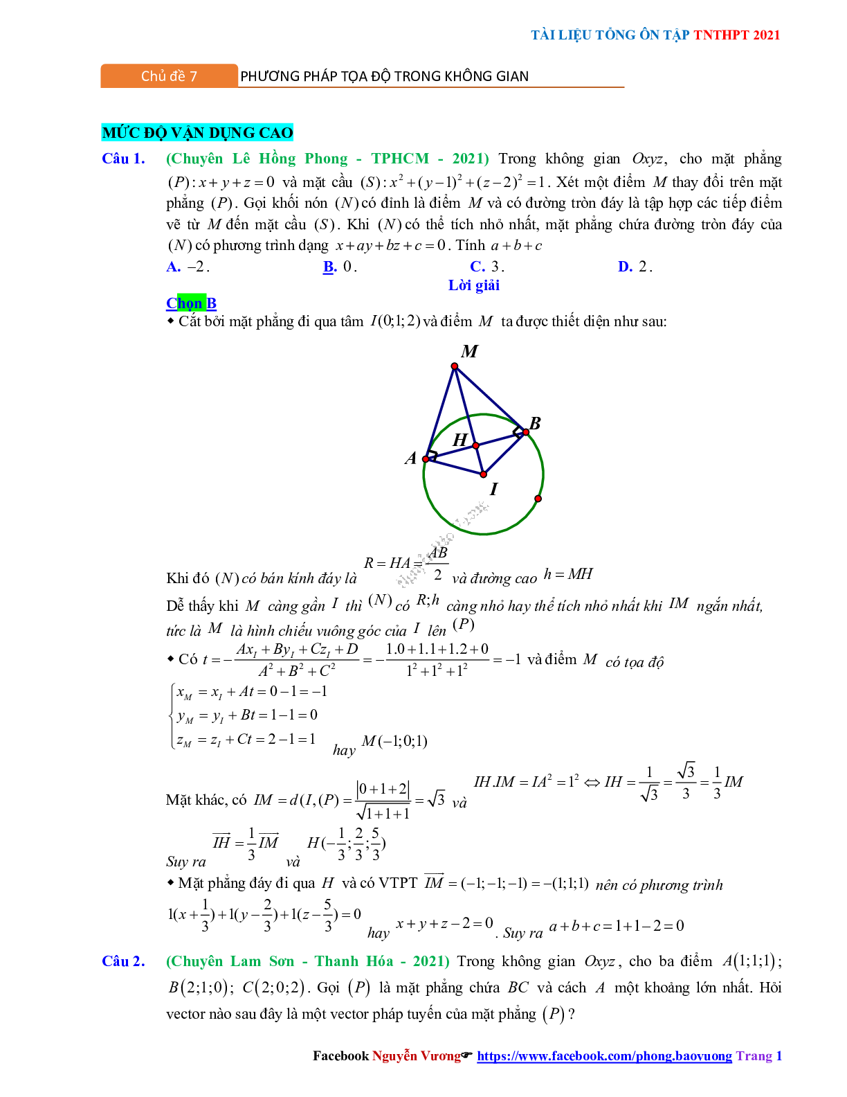 Trắc nghiệm Ôn thi THPT QG Toán 12: Đáp án phương pháp tọa độ trong không gian mức độ vận dụng cao (trang 1)