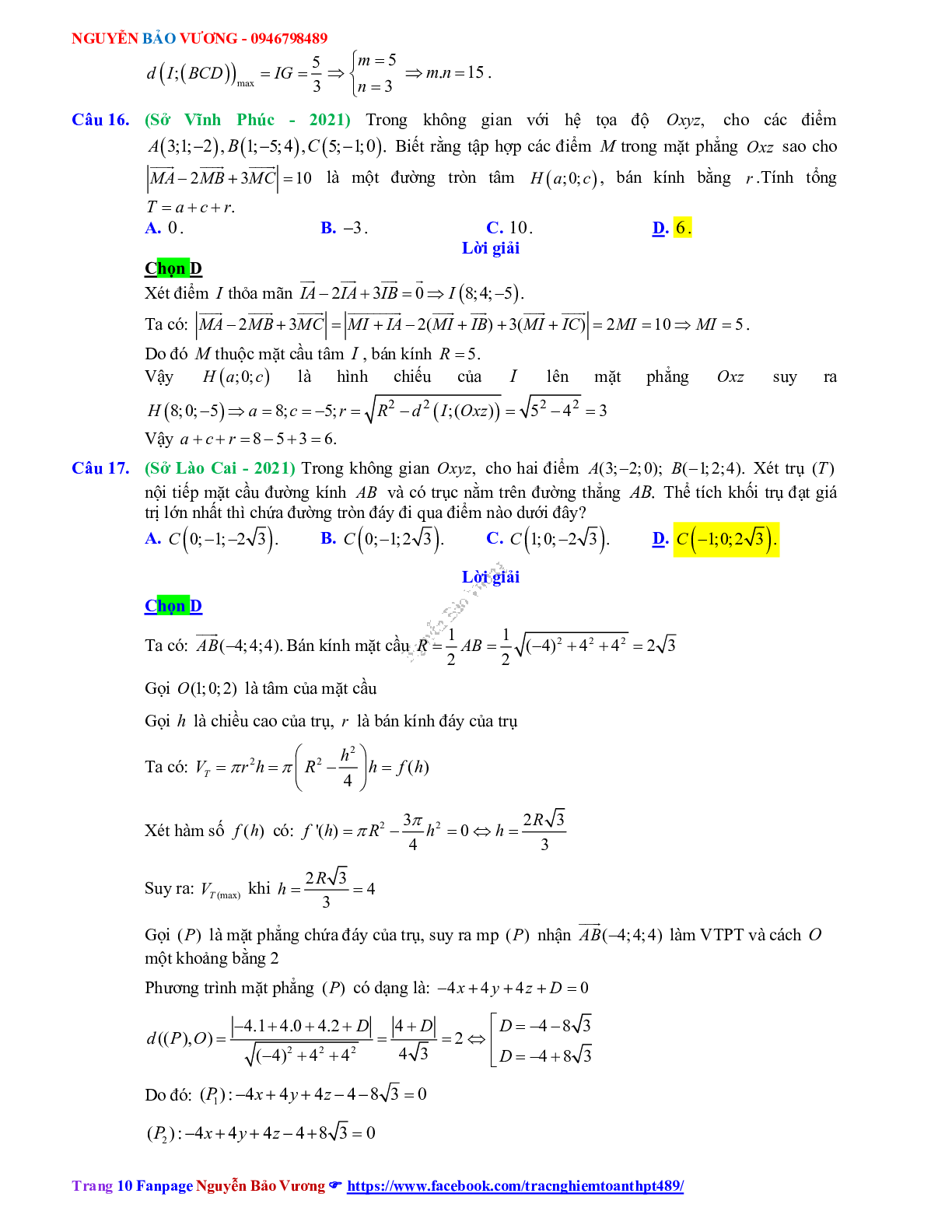 Trắc nghiệm Ôn thi THPT QG Toán 12: Đáp án phương pháp tọa độ trong không gian mức độ vận dụng cao (trang 10)