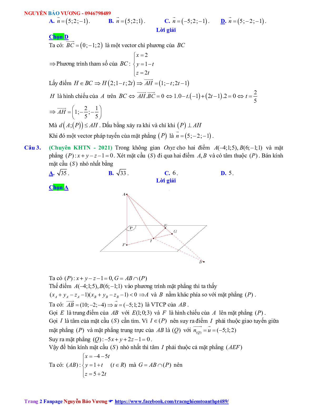Trắc nghiệm Ôn thi THPT QG Toán 12: Đáp án phương pháp tọa độ trong không gian mức độ vận dụng cao (trang 2)