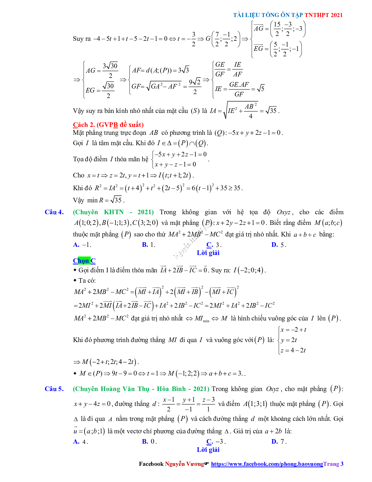 Trắc nghiệm Ôn thi THPT QG Toán 12: Đáp án phương pháp tọa độ trong không gian mức độ vận dụng cao (trang 3)