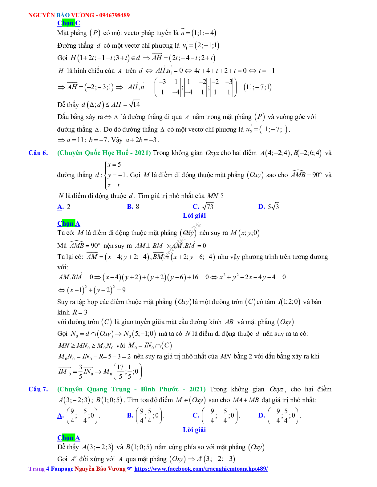 Trắc nghiệm Ôn thi THPT QG Toán 12: Đáp án phương pháp tọa độ trong không gian mức độ vận dụng cao (trang 4)