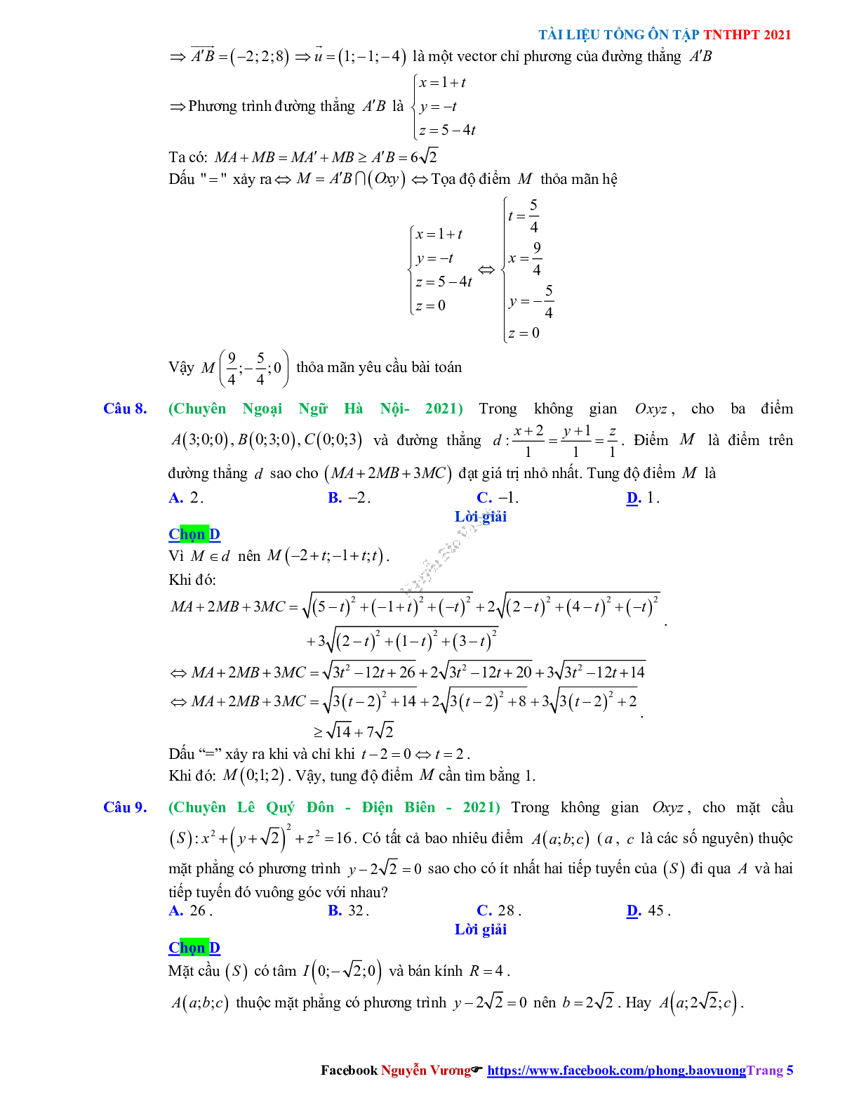 Trắc nghiệm Ôn thi THPT QG Toán 12: Đáp án phương pháp tọa độ trong không gian mức độ vận dụng cao (trang 5)