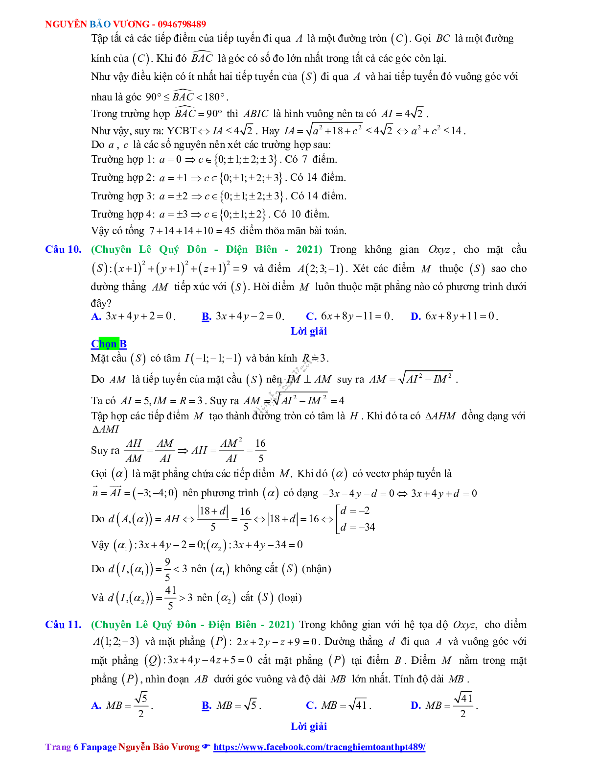 Trắc nghiệm Ôn thi THPT QG Toán 12: Đáp án phương pháp tọa độ trong không gian mức độ vận dụng cao (trang 6)
