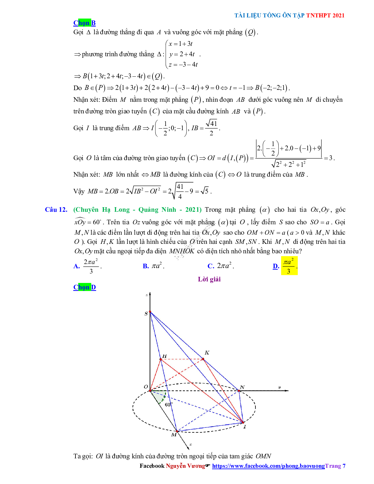 Trắc nghiệm Ôn thi THPT QG Toán 12: Đáp án phương pháp tọa độ trong không gian mức độ vận dụng cao (trang 7)