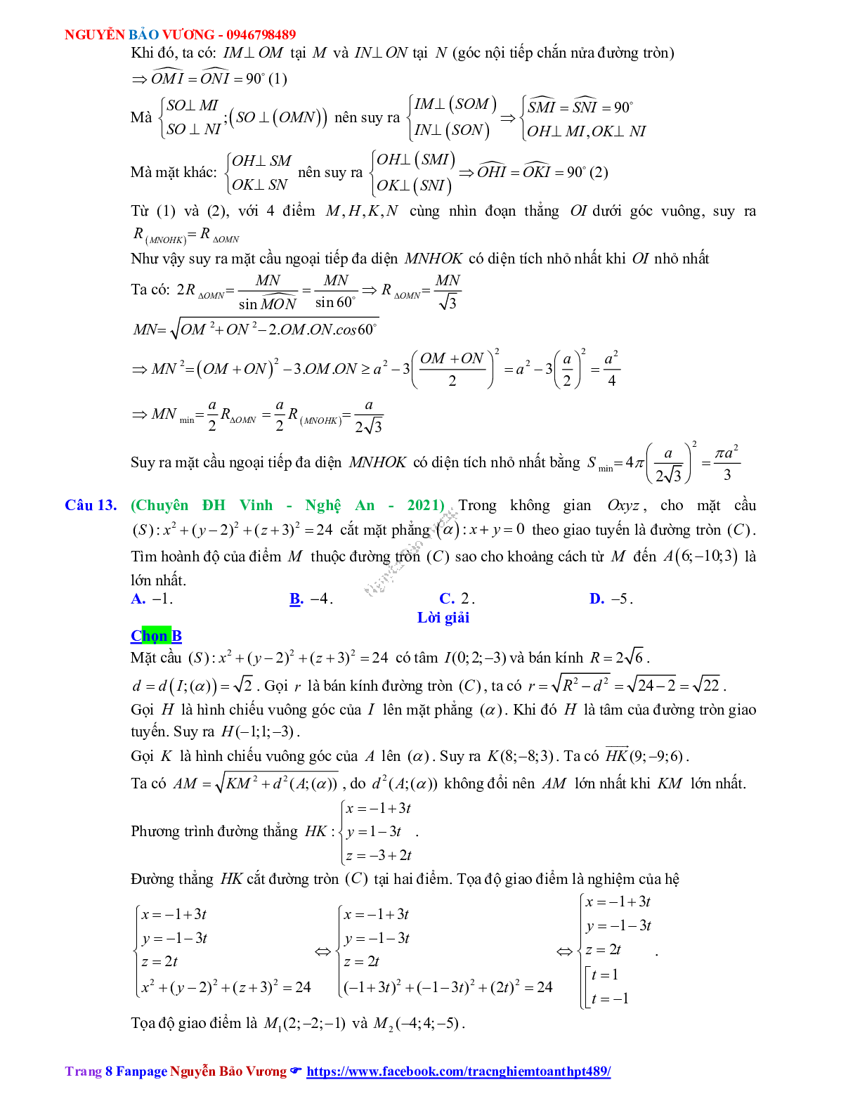 Trắc nghiệm Ôn thi THPT QG Toán 12: Đáp án phương pháp tọa độ trong không gian mức độ vận dụng cao (trang 8)