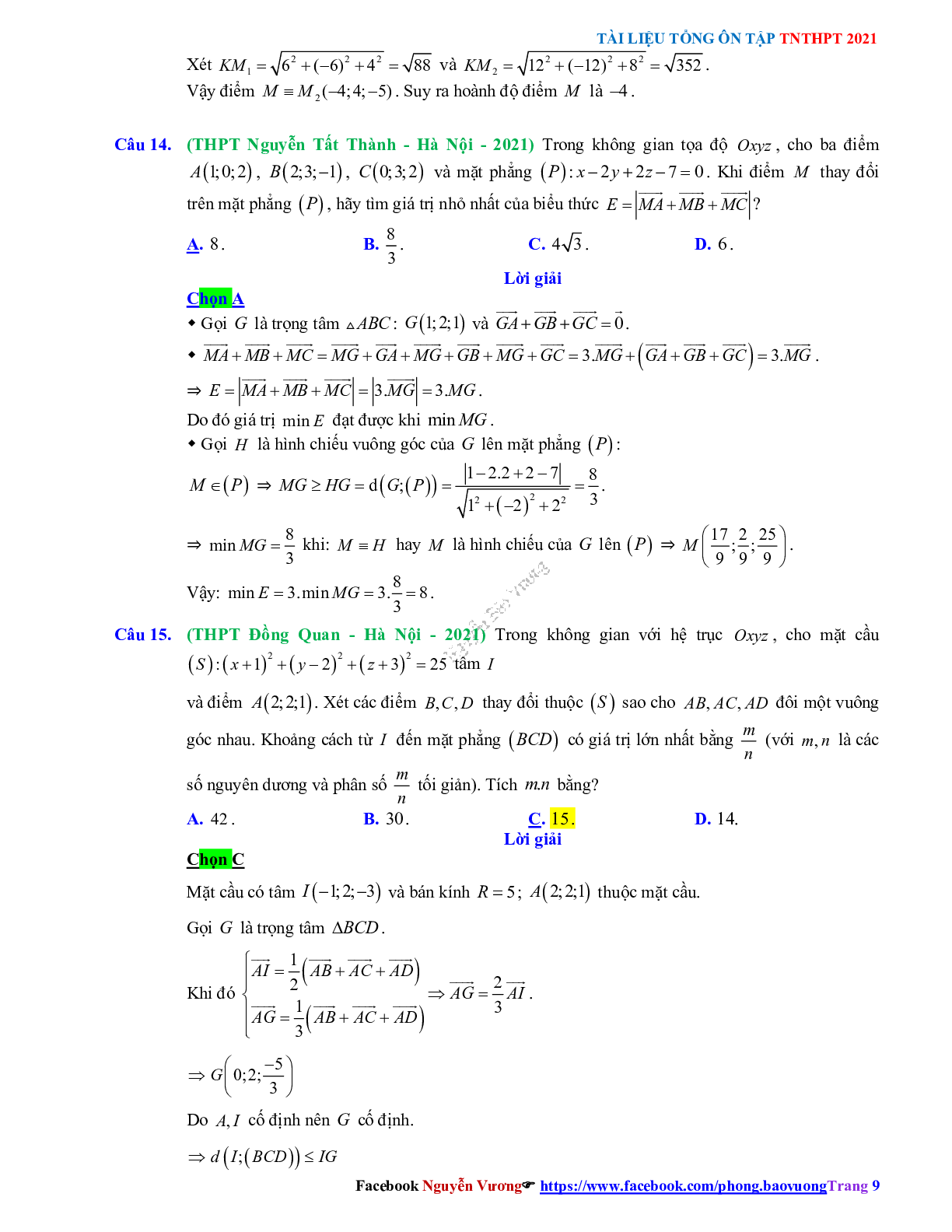 Trắc nghiệm Ôn thi THPT QG Toán 12: Đáp án phương pháp tọa độ trong không gian mức độ vận dụng cao (trang 9)