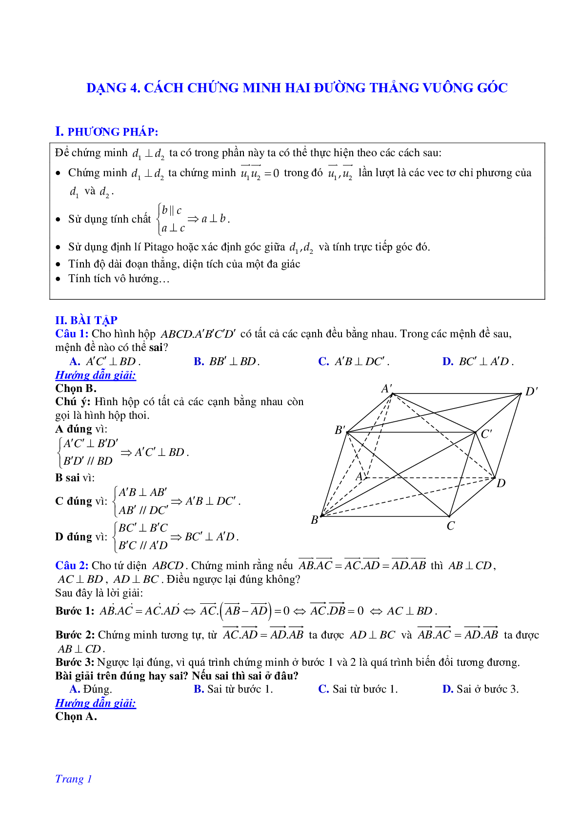 Phương pháp giải và bài tập về Cách chứng minh hai đường thẳng vuông góc (trang 1)