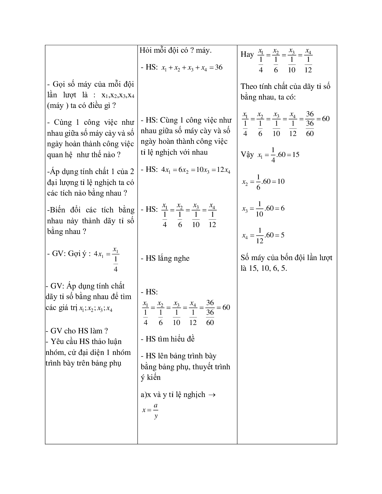 Giáo án Toán học 7 bài 4: Một số bài toán về đại lượng tỉ lệ nghịch (tiếp theo) hay nhất (trang 3)