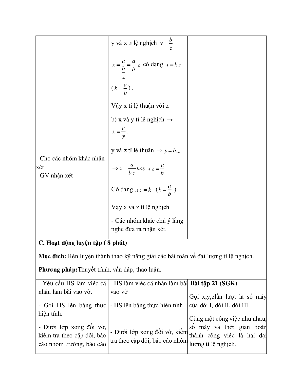Giáo án Toán học 7 bài 4: Một số bài toán về đại lượng tỉ lệ nghịch (tiếp theo) hay nhất (trang 4)
