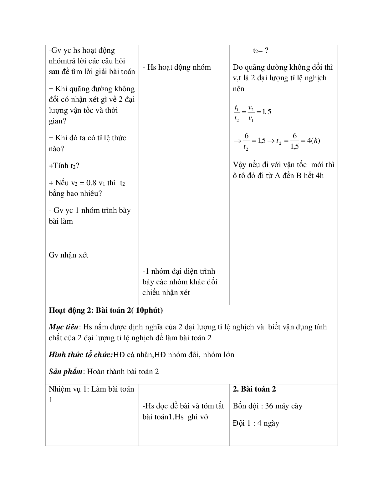 Giáo án Toán học 7 bài 4: Một số bài toán về đại lượng tỉ lệ nghịch (tiếp theo) hay nhất (trang 9)