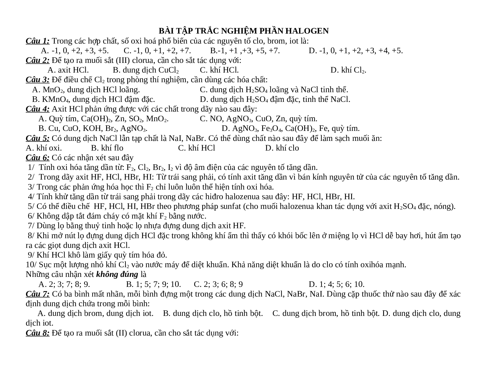 Tuyển chọn 54 câu trắc nghiệm Halogen lớp 10 (trang 1)