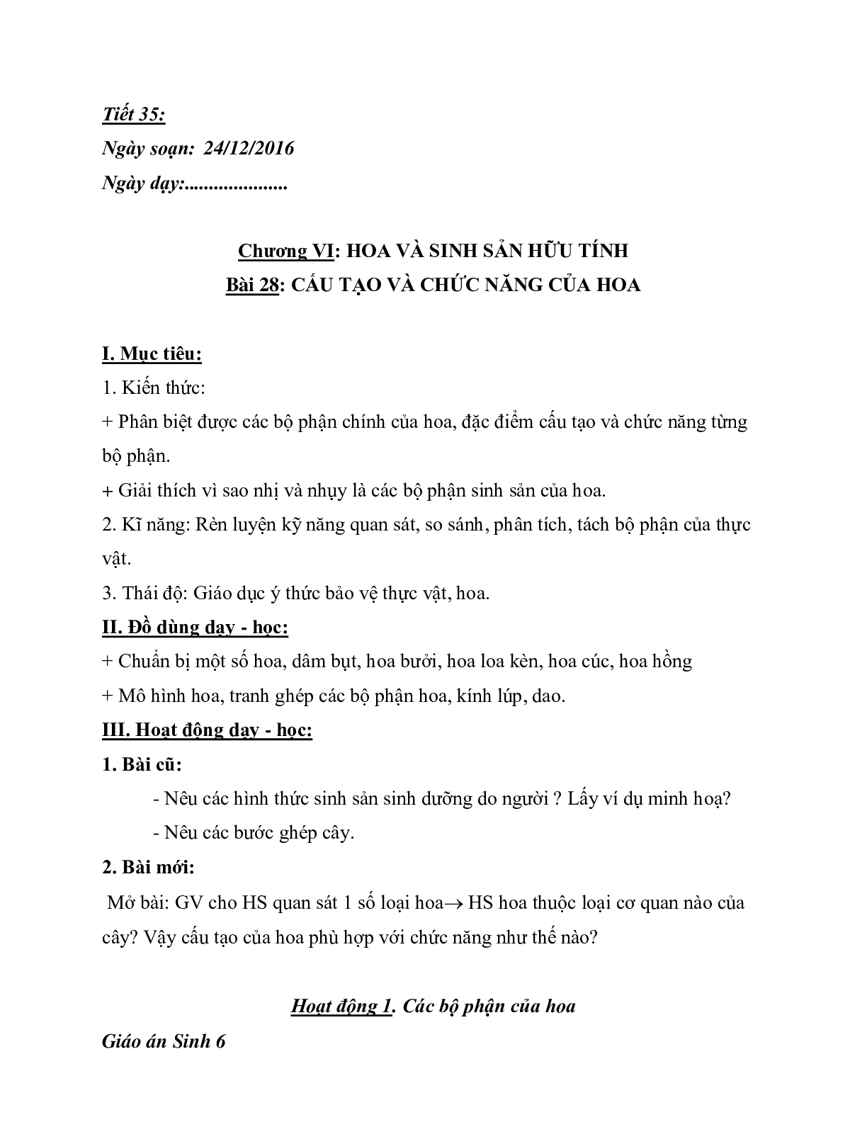 Giáo án Sinh học 6 Bài 28: Cấu tạo và chức năng của hoa mới nhất - CV5512 (trang 1)