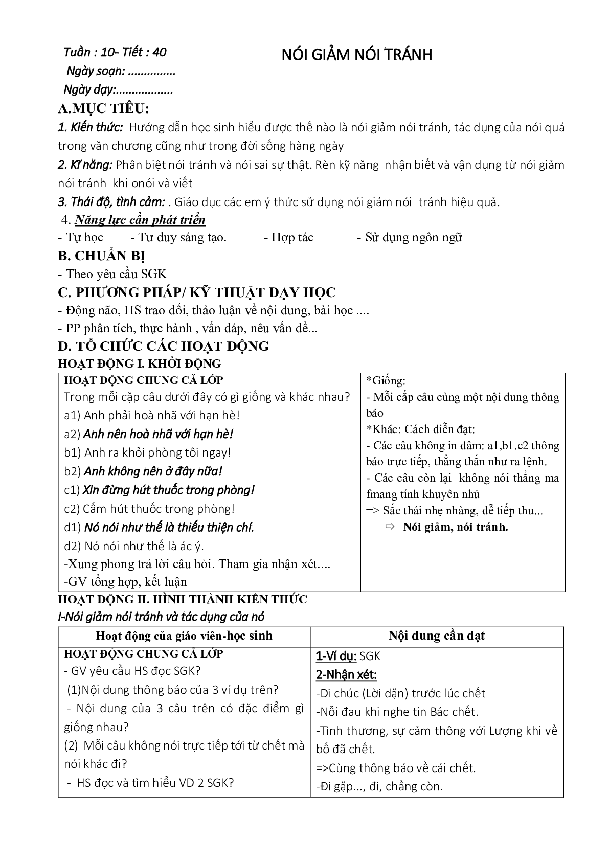 Giáo án ngữ văn lớp 8 Tuần 10 Tiết 40: Nói giảm nói tránh mới nhất (trang 1)