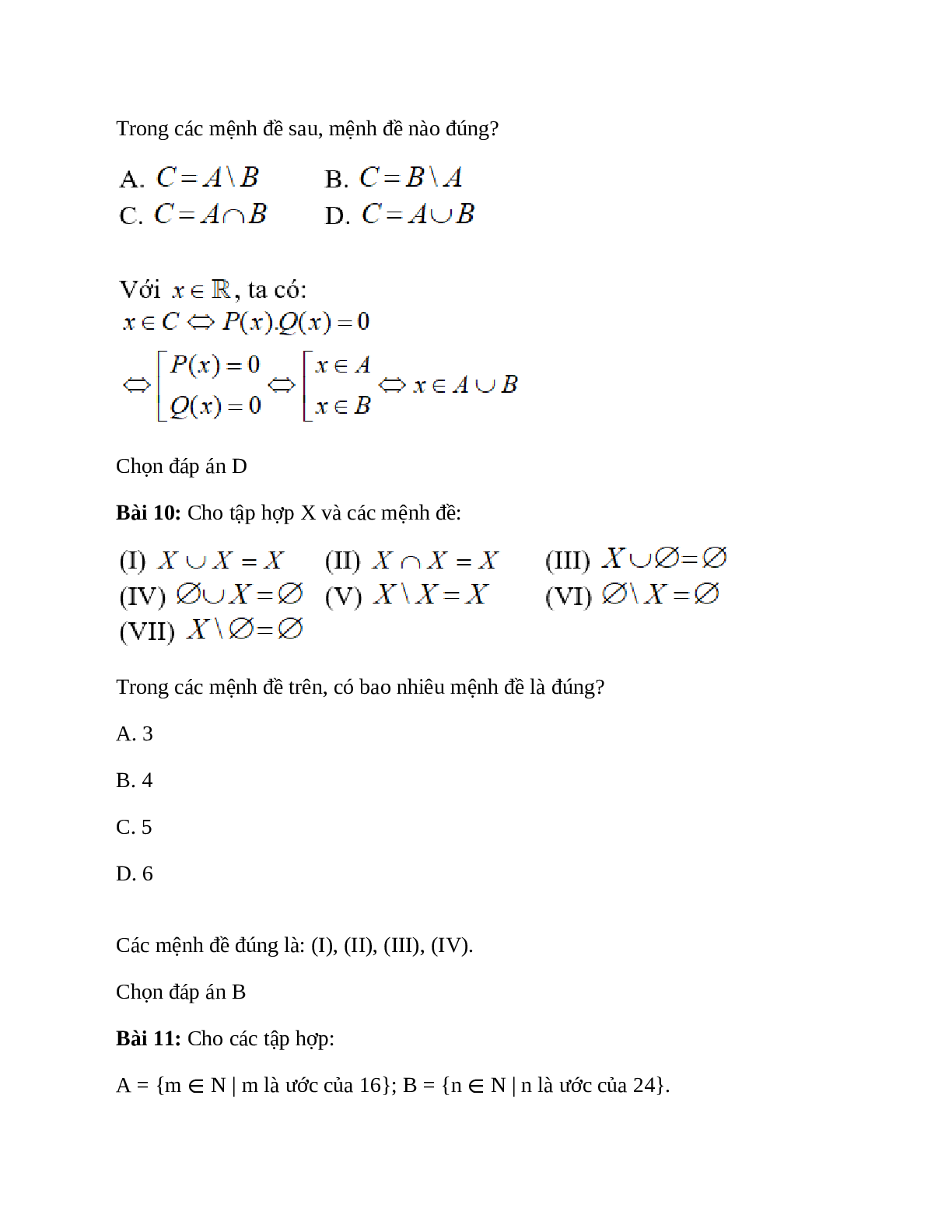 Trắc nghiệm Các phép toán tập hợp có đáp án – Toán lớp 10 (trang 6)