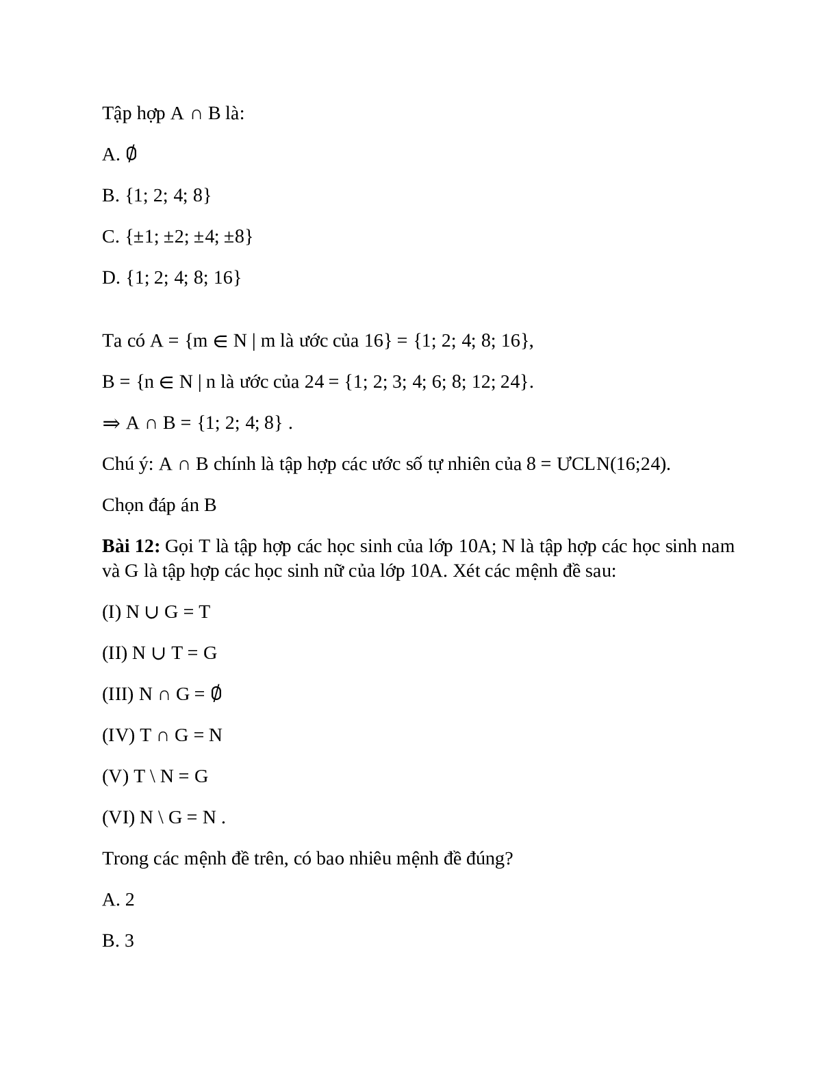 Trắc nghiệm Các phép toán tập hợp có đáp án – Toán lớp 10 (trang 7)