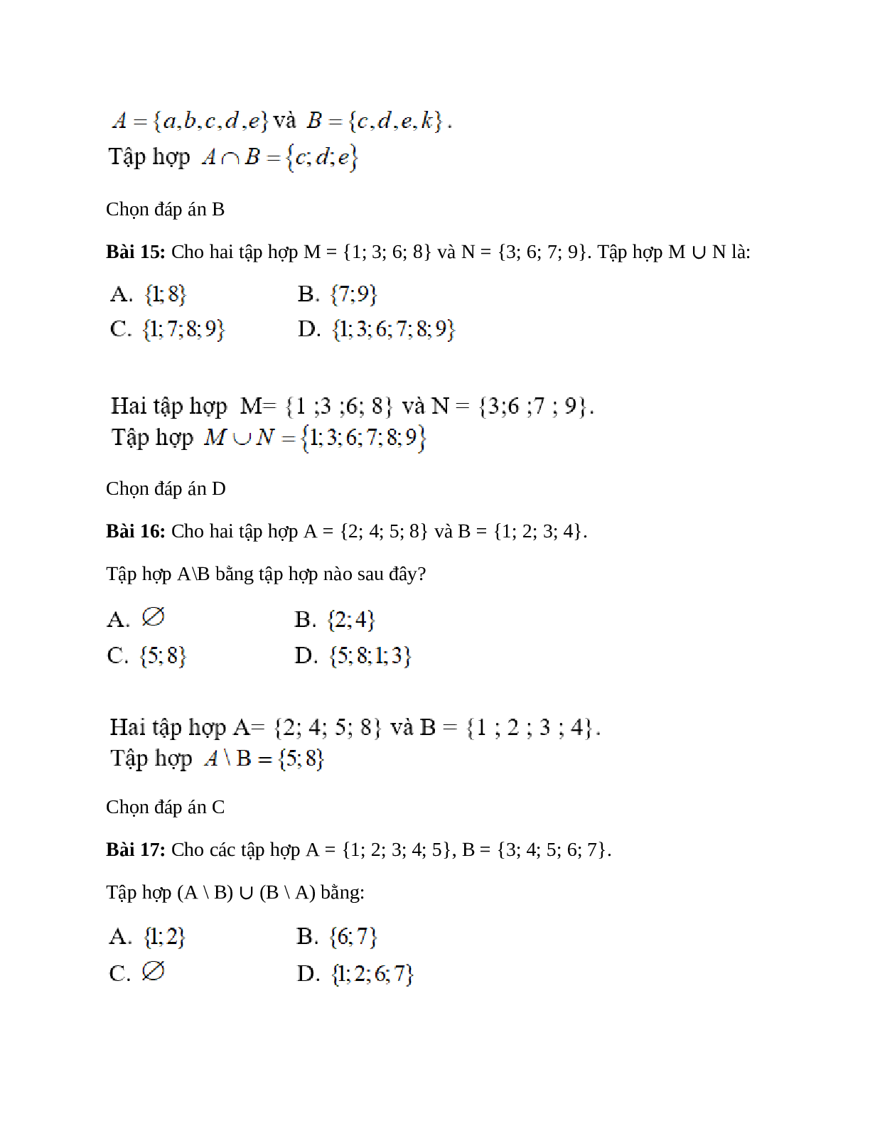 Trắc nghiệm Các phép toán tập hợp có đáp án – Toán lớp 10 (trang 9)