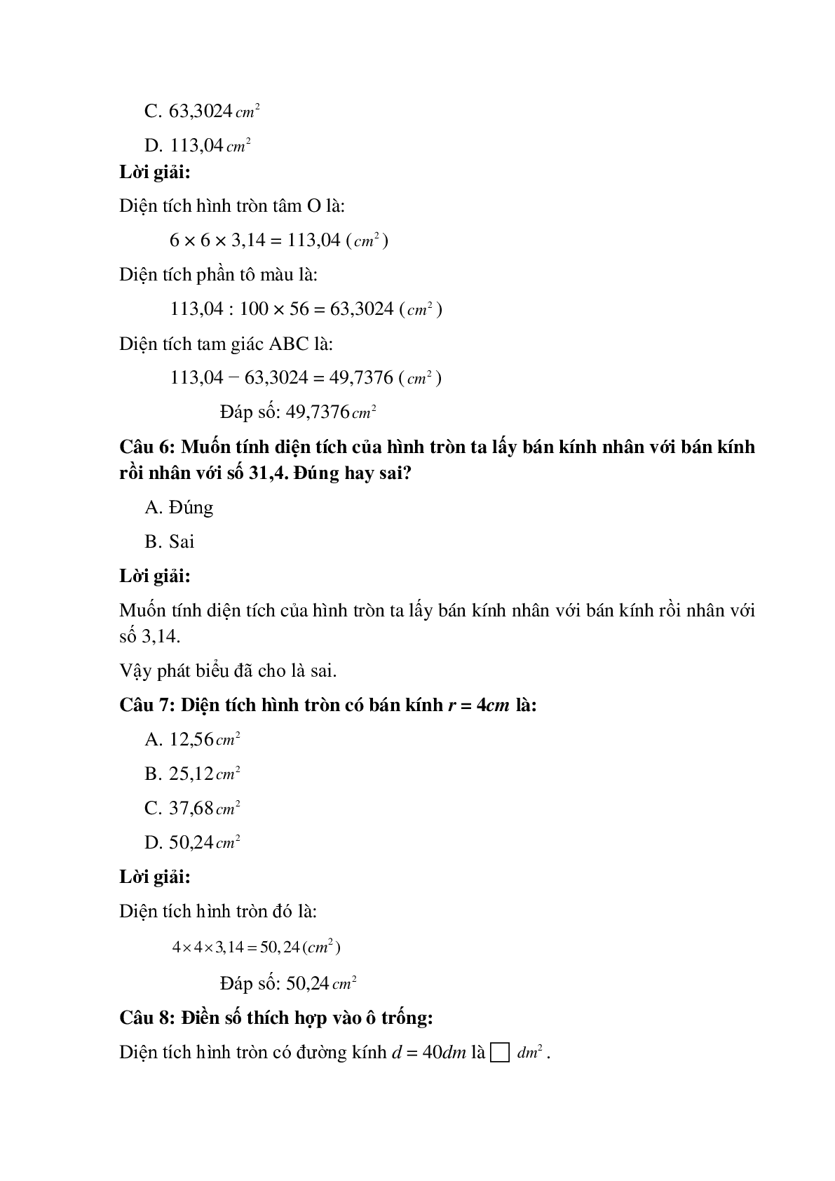 12 câu Trắc nghiệm Diện tích hình tròn có đáp án 2023 – Toán lớp 5 (trang 3)