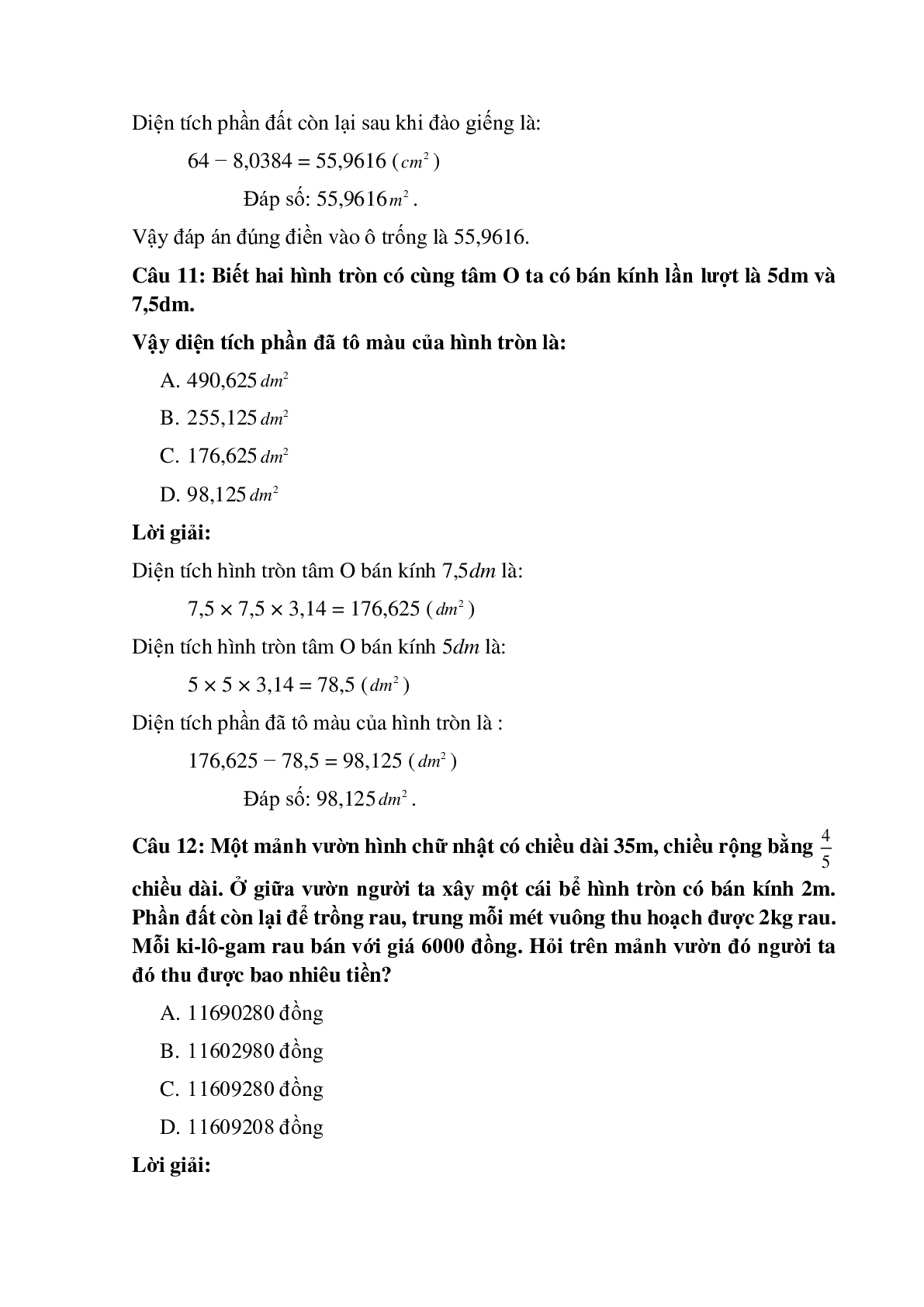 12 câu Trắc nghiệm Diện tích hình tròn có đáp án 2023 – Toán lớp 5 (trang 5)
