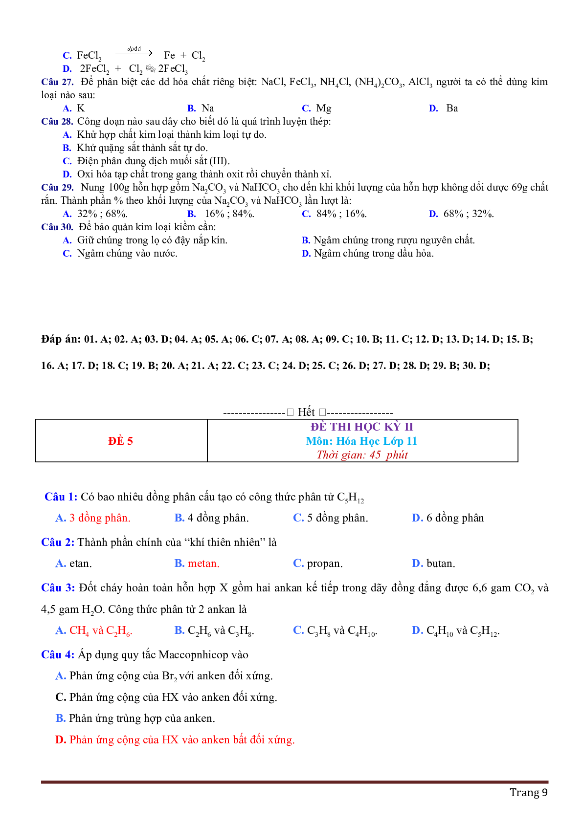 Tuyển chọn 15 đề thi học kì 2 môn Hóa học có đáp án, chọn lọc (trang 9)
