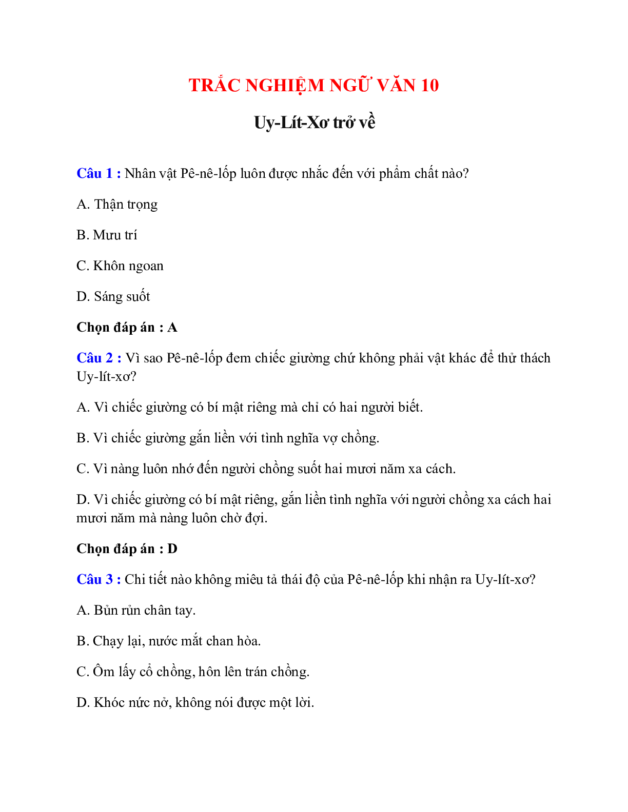 Trắc nghiệm Uy-Lít-Xơ trở về có đáp án – Ngữ văn lớp 10 (trang 1)