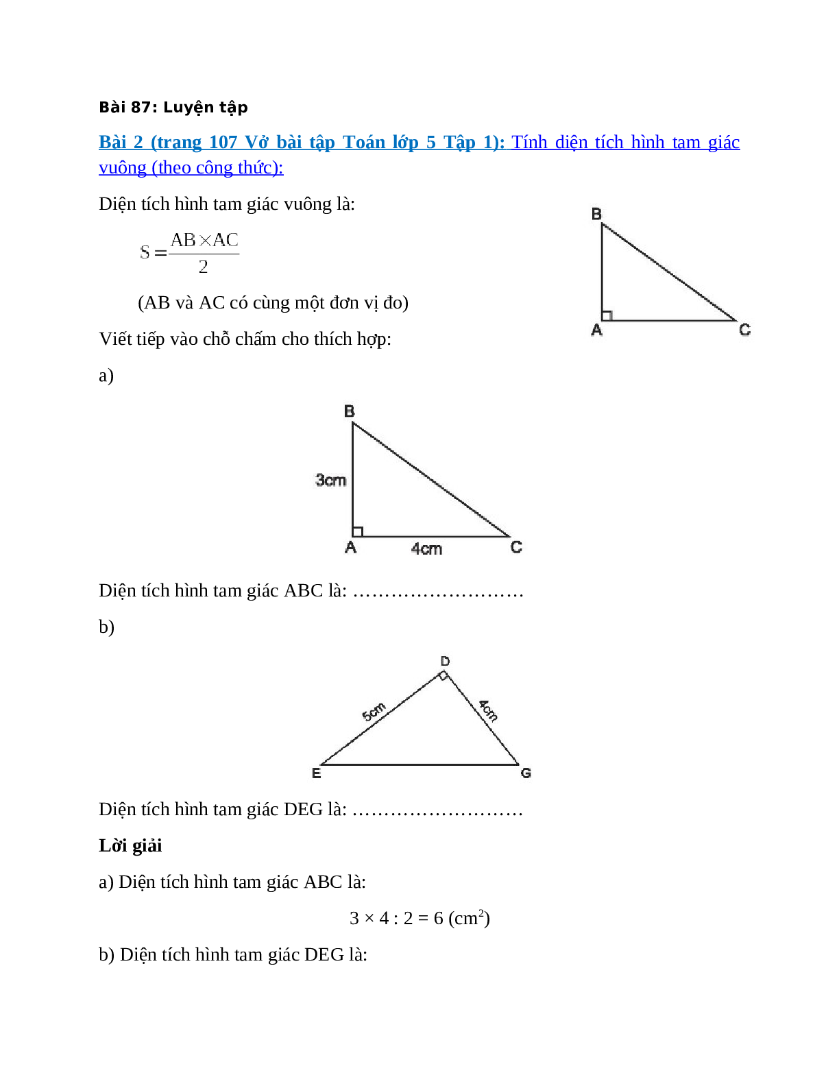 Tính diện tích hình tam giác vuông theo công thức (trang 1)